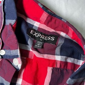 men’s express red and blue plaid shirt